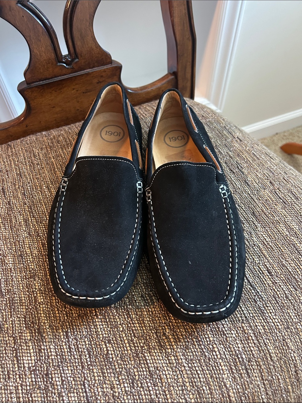 1901 Men’s Black Suede Slip-On Loafers with Contrast Stitching